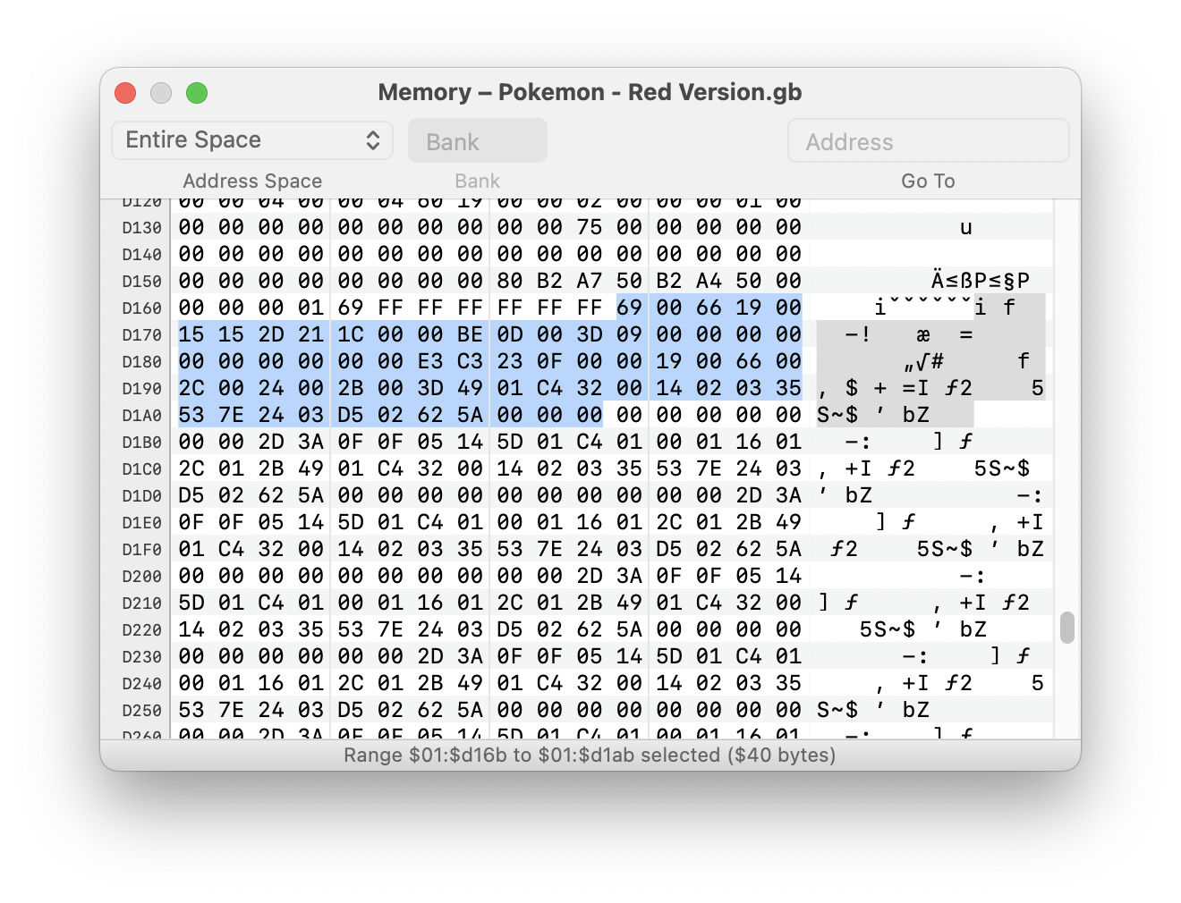 Vaporeon's data dump in hex